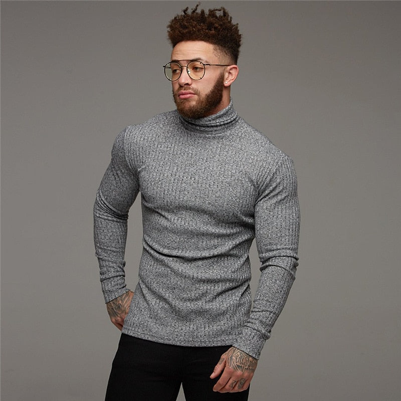 Turtleneck Jumper Ribbed Knit Men's Slim Fit Roll Neck Beige – Casual, Office, Holiday, Gift