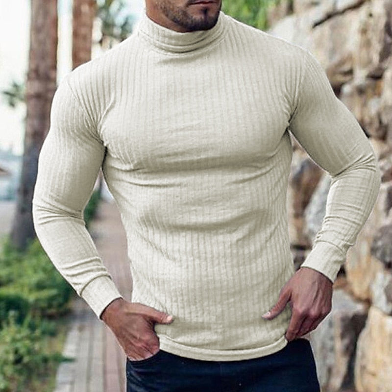 Turtleneck Jumper Ribbed Knit Men's Slim Fit Roll Neck Beige – Casual, Office, Holiday, Gift