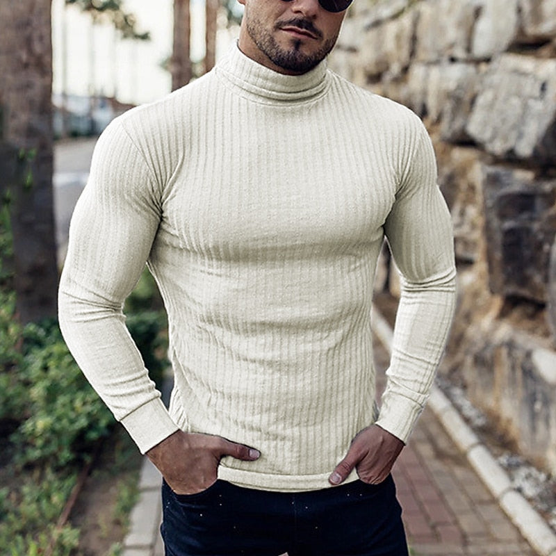 Turtleneck Jumper Ribbed Knit Men's Slim Fit Roll Neck Beige – Casual, Office, Holiday, Gift