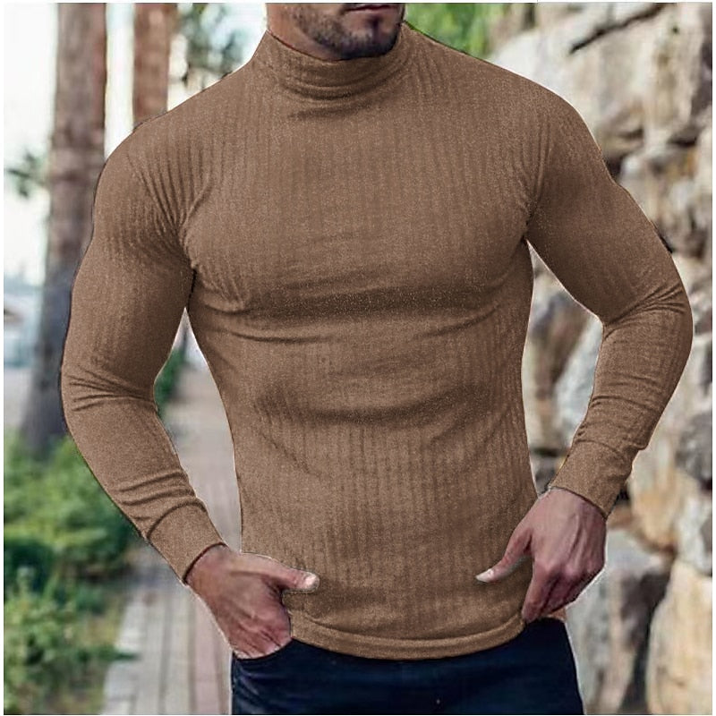 Turtleneck Jumper Ribbed Knit Men's Slim Fit Roll Neck Beige – Casual, Office, Holiday, Gift