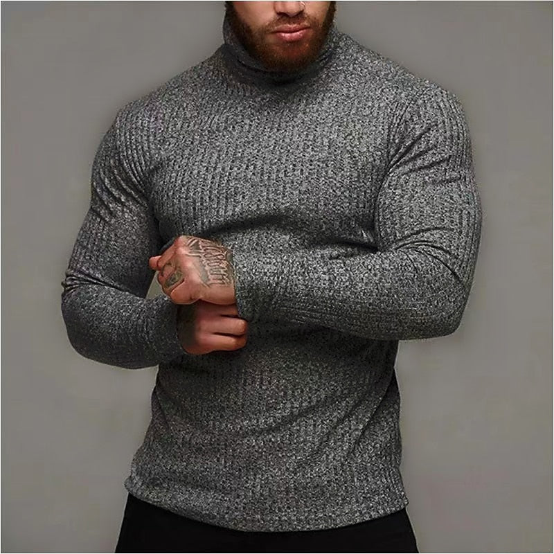 Turtleneck Jumper Ribbed Knit Men's Slim Fit Roll Neck Beige – Casual, Office, Holiday, Gift