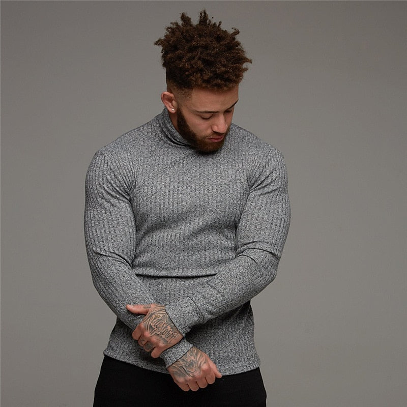 Turtleneck Jumper Ribbed Knit Men's Slim Fit Roll Neck Beige – Casual, Office, Holiday, Gift