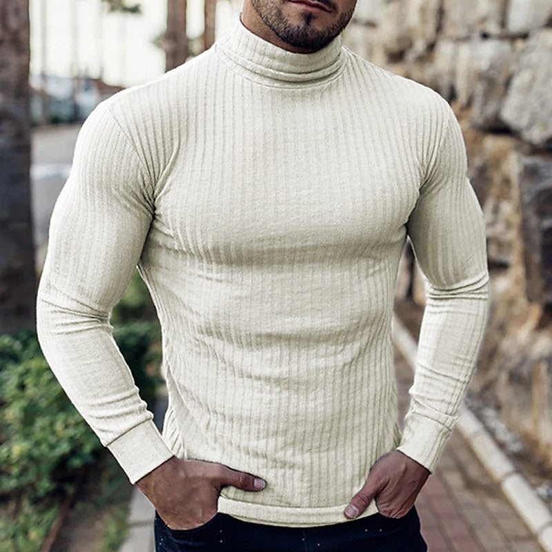 Turtleneck Jumper Ribbed Knit Men's Slim Fit Roll Neck Beige – Casual, Office, Holiday, Gift