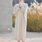 Turtleneck Knit Maxi Dress Women's Cream Long Sleeve Loose Sweater Dress with Pockets – Casual, Office