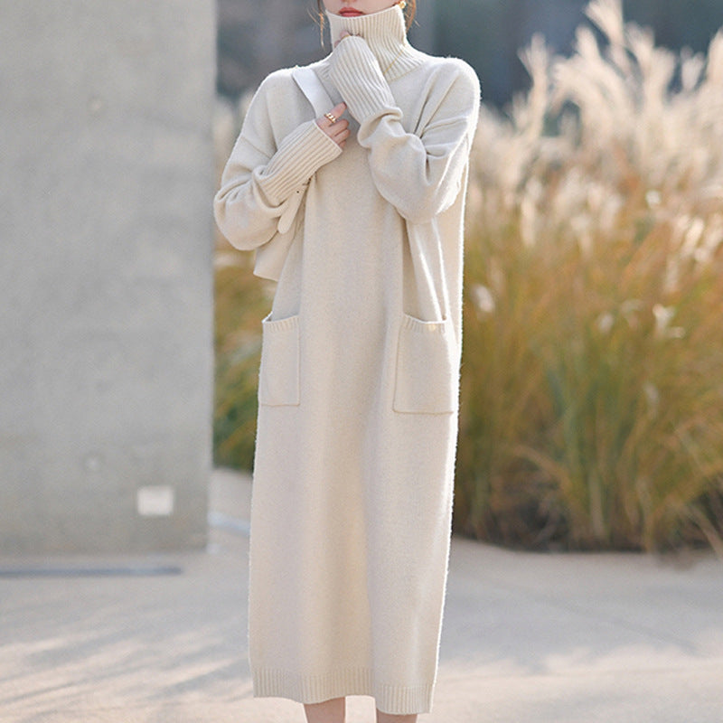 Turtleneck Knit Maxi Dress Women's Cream Long Sleeve Loose Sweater Dress with Pockets – Casual, Office