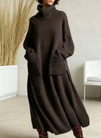 Turtleneck Knit Maxi Dress Women's Cream Long Sleeve Loose Sweater Dress with Pockets – Casual, Office