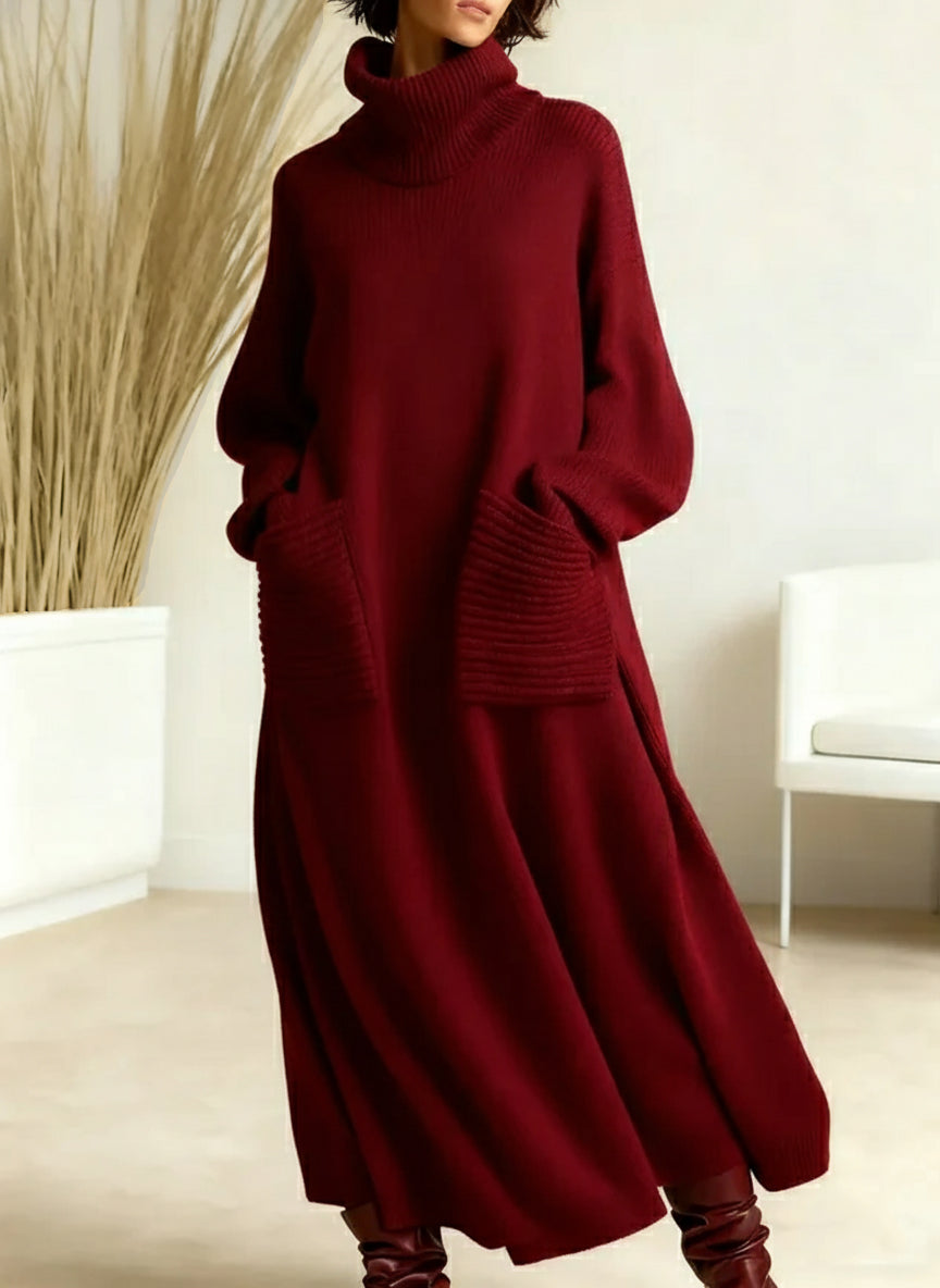 Turtleneck Knit Maxi Dress Women's Cream Long Sleeve Loose Sweater Dress with Pockets – Casual, Office