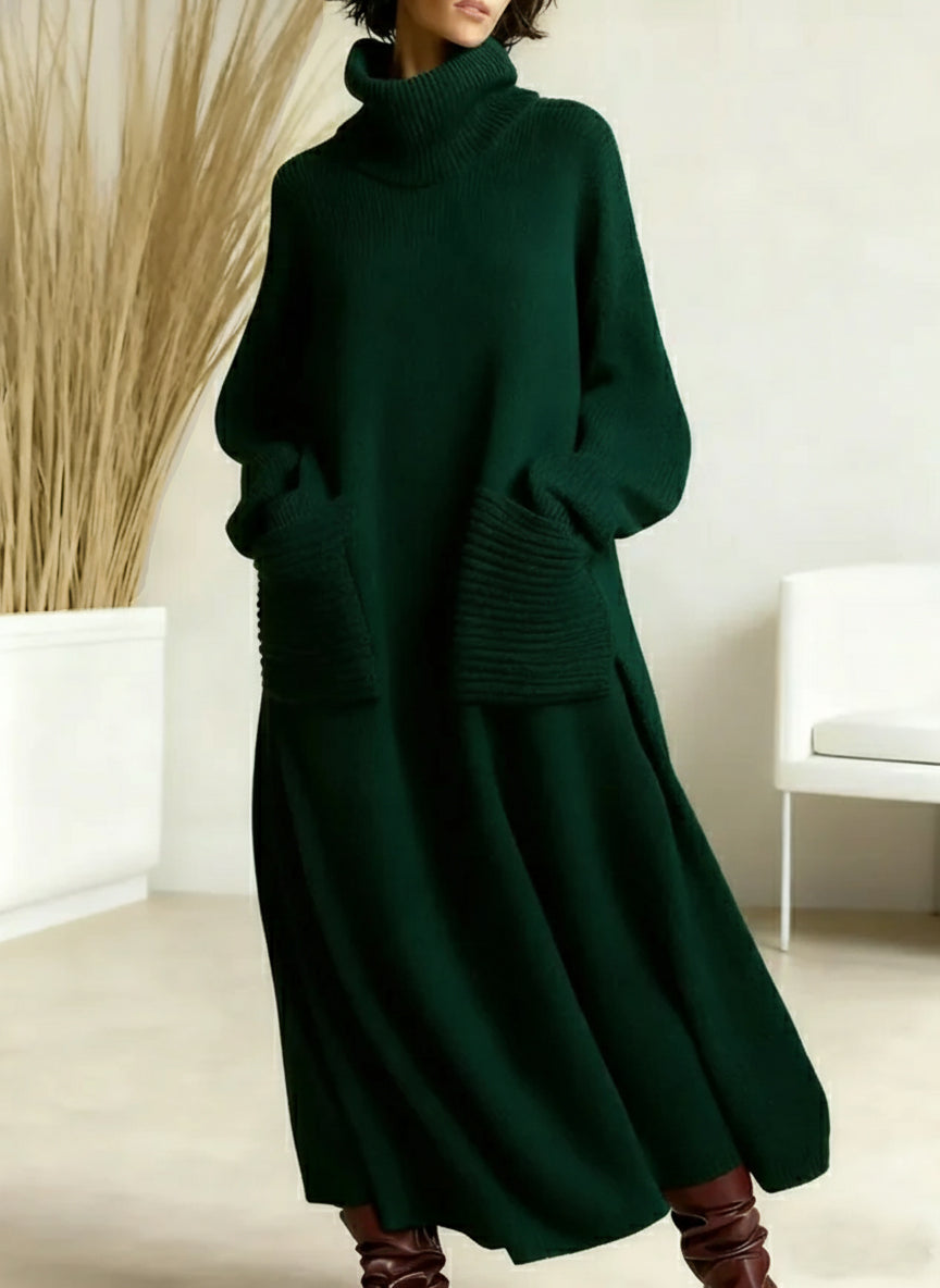Turtleneck Knit Maxi Dress Women's Cream Long Sleeve Loose Sweater Dress with Pockets – Casual, Office