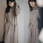 Turtleneck Knit Maxi Dress Women's Cream Long Sleeve Loose Sweater Dress with Pockets – Casual, Office