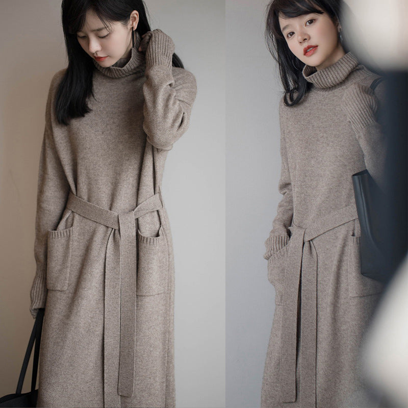 Turtleneck Knit Maxi Dress Women's Cream Long Sleeve Loose Sweater Dress with Pockets – Casual, Office