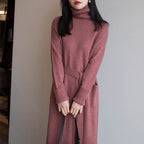 Turtleneck Knit Maxi Dress Women's Cream Long Sleeve Loose Sweater Dress with Pockets – Casual, Office