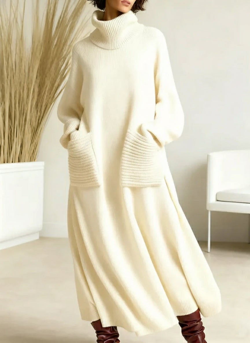 Turtleneck Knit Maxi Dress Women's Cream Long Sleeve Loose Sweater Dress with Pockets – Casual, Office