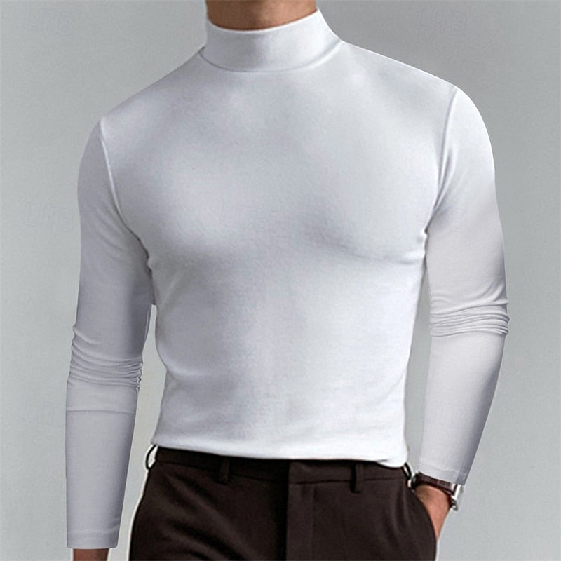 Turtleneck Mock-Neck Top Long Sleeve Men's Brown Slim Fit – Casual, Office, Layering, Gift