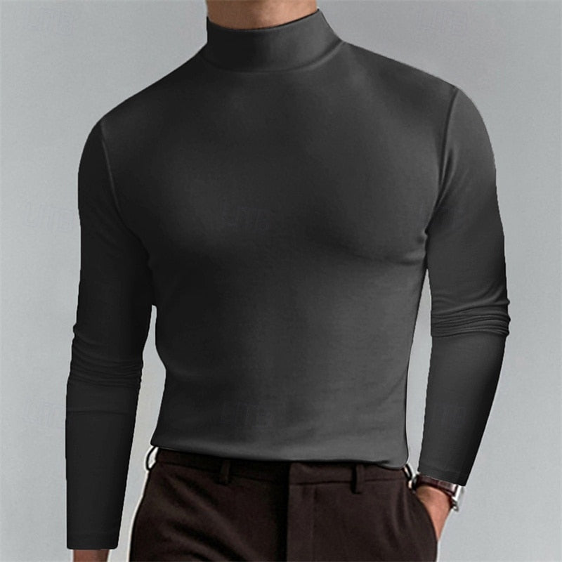 Turtleneck Mock-Neck Top Long Sleeve Men's Brown Slim Fit – Casual, Office, Layering, Gift