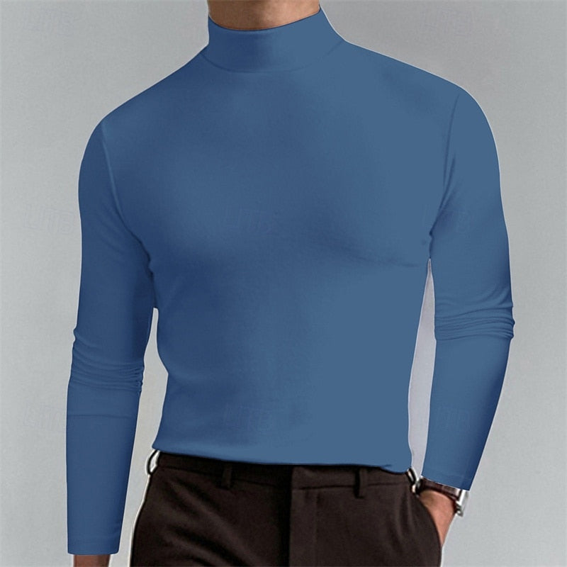 Turtleneck Mock-Neck Top Long Sleeve Men's Brown Slim Fit – Casual, Office, Layering, Gift