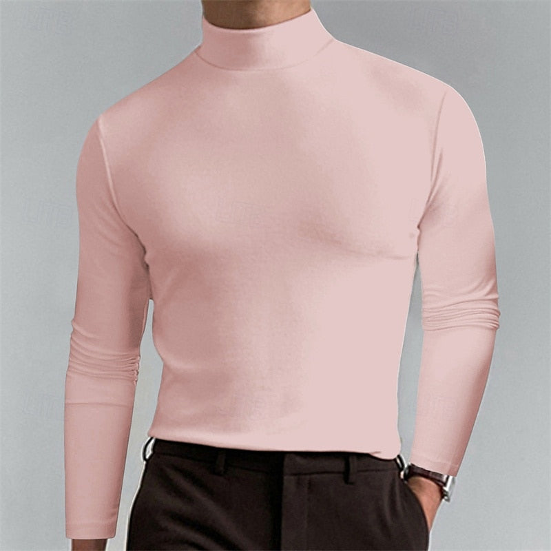 Turtleneck Mock-Neck Top Long Sleeve Men's Brown Slim Fit – Casual, Office, Layering, Gift