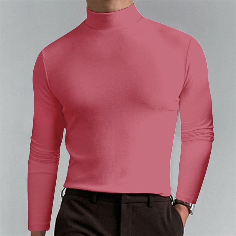 Turtleneck Mock-Neck Top Long Sleeve Men's Brown Slim Fit – Casual, Office, Layering, Gift
