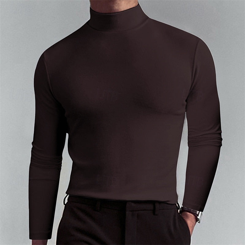 Turtleneck Mock-Neck Top Long Sleeve Men's Brown Slim Fit – Casual, Office, Layering, Gift