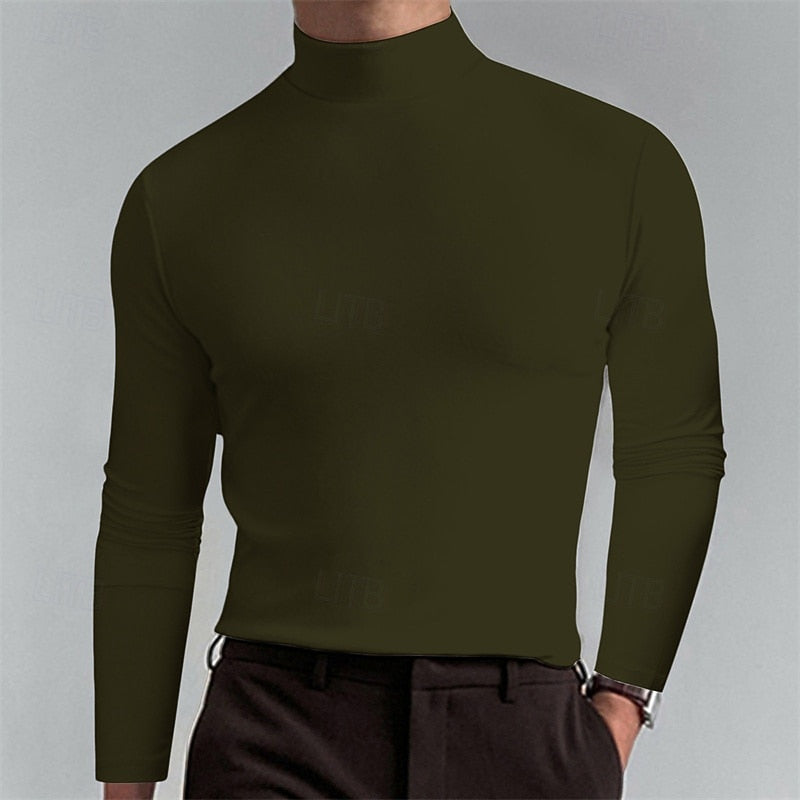 Turtleneck Mock-Neck Top Long Sleeve Men's Brown Slim Fit – Casual, Office, Layering, Gift