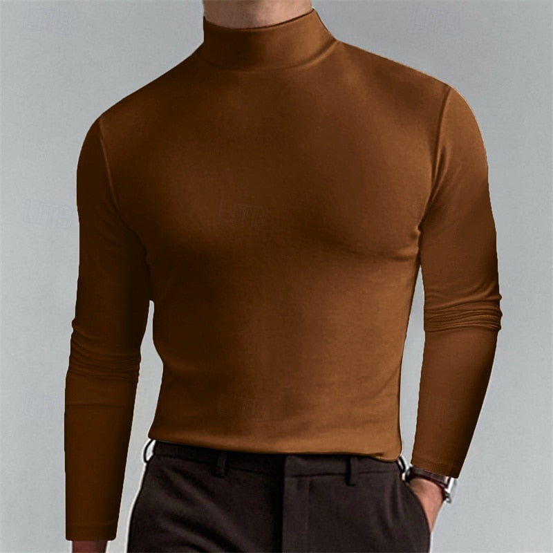 Turtleneck Mock-Neck Top Long Sleeve Men's Brown Slim Fit – Casual, Office, Layering, Gift