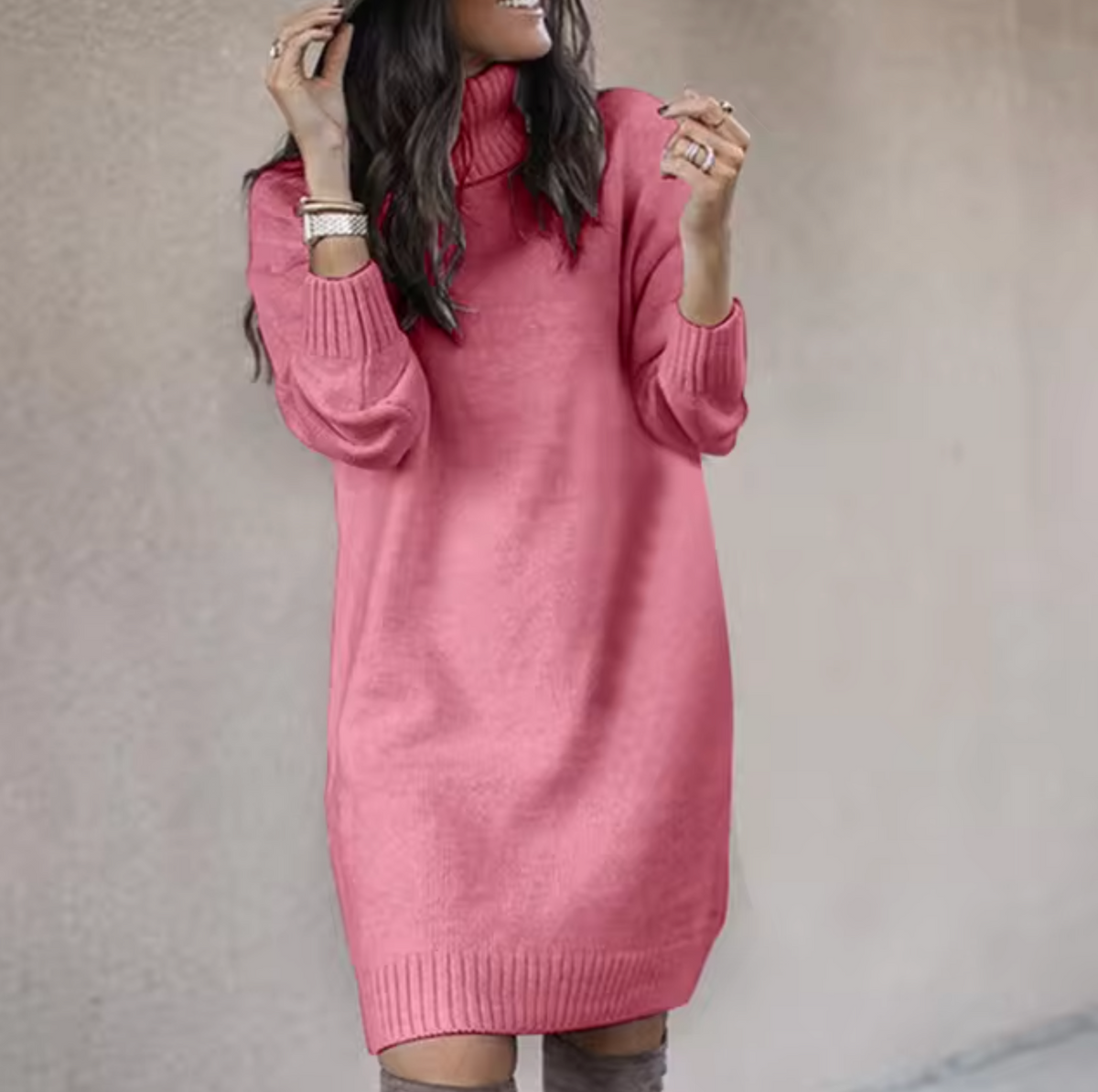Turtleneck Sweater Dress Pink Knit Long Sleeve Women's – Casual, Office, Holiday, Gift