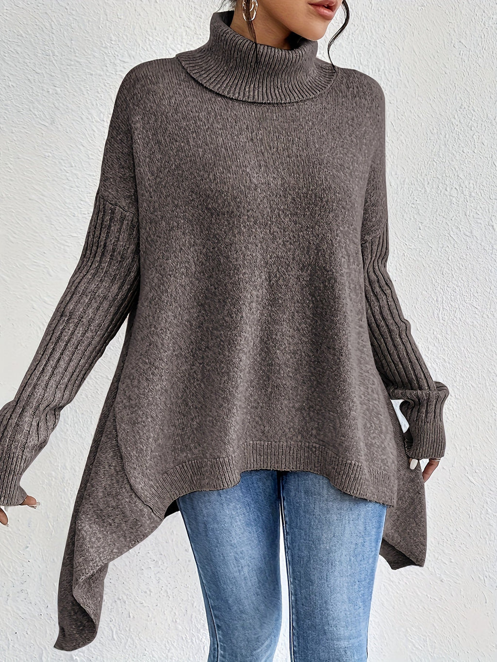 Turtleneck Sweater Grey Women's Oversized Knit High-Low Hem – Casual, Office, Holiday, Gift