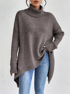 Turtleneck Sweater Grey Women's Oversized Knit High-Low Hem – Casual, Office, Holiday, Gift