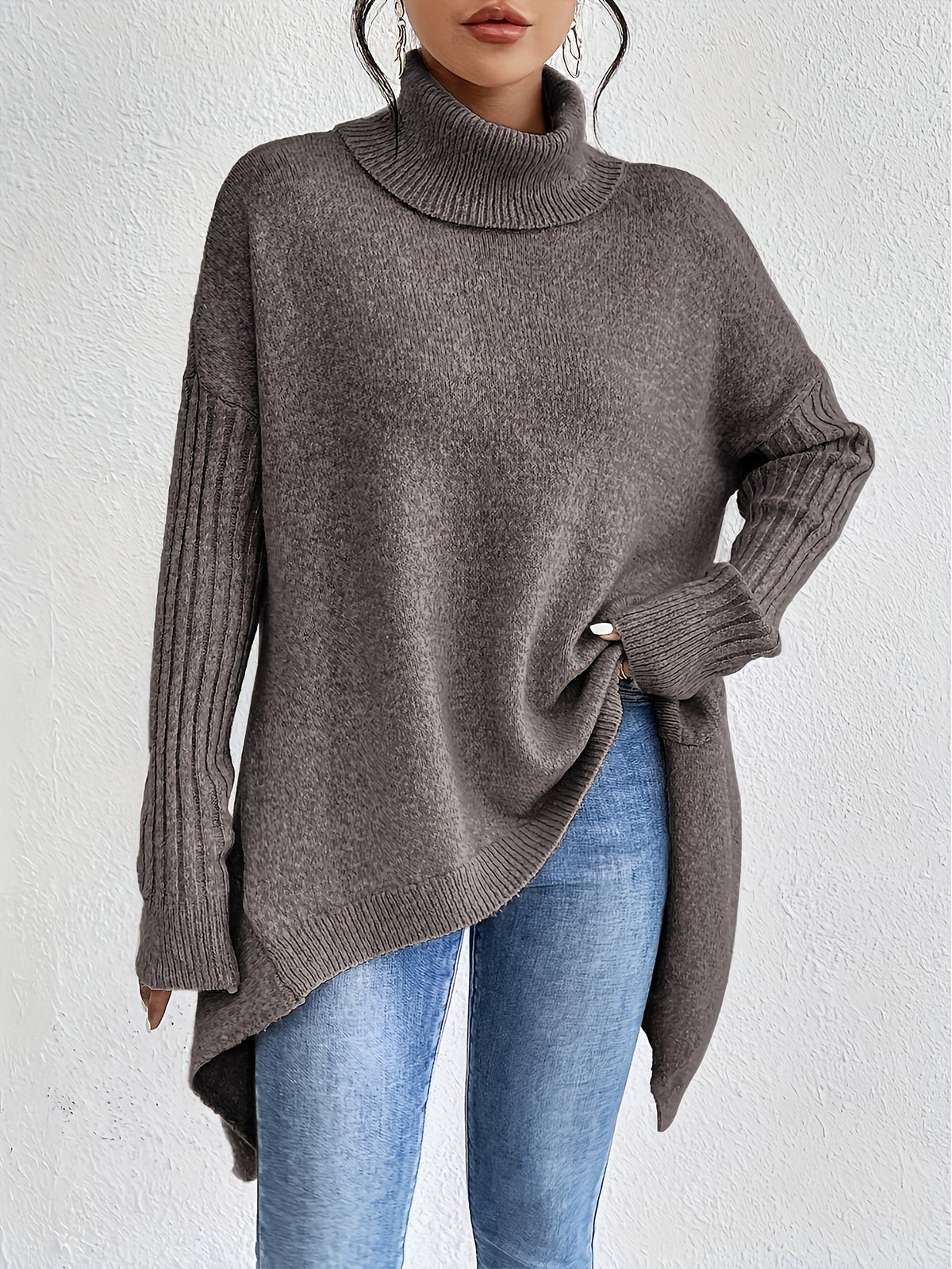 Turtleneck Sweater Grey Women's Oversized Knit High-Low Hem – Casual, Office, Holiday, Gift