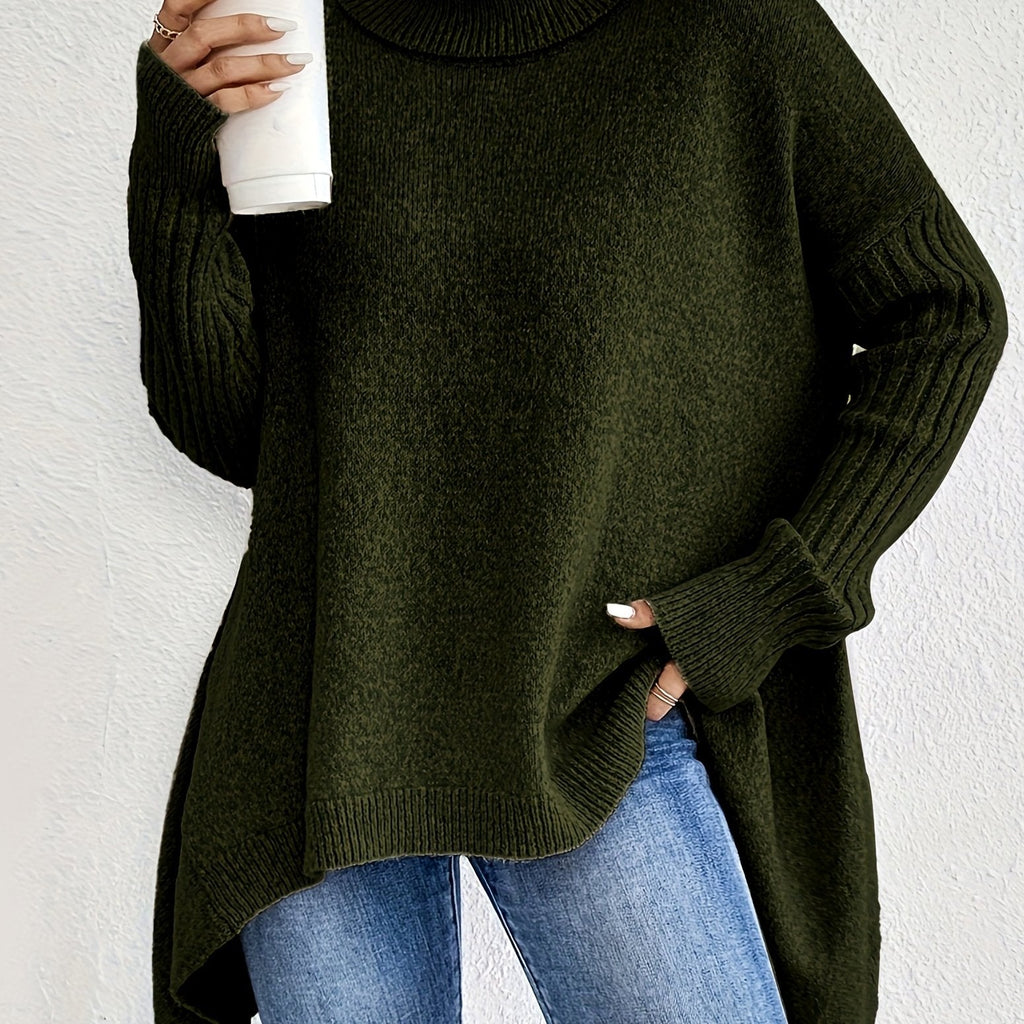 Turtleneck Sweater Grey Women's Oversized Knit High-Low Hem – Casual, Office, Holiday, Gift