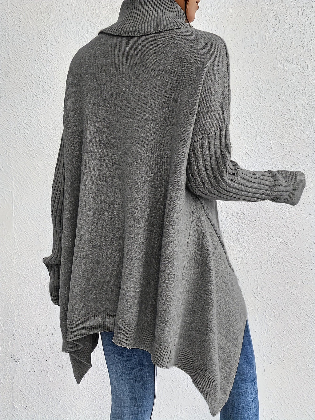 Turtleneck Sweater Grey Women's Oversized Knit High-Low Hem – Casual, Office, Holiday, Gift