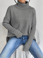 Turtleneck Sweater Grey Women's Oversized Knit High-Low Hem – Casual, Office, Holiday, Gift