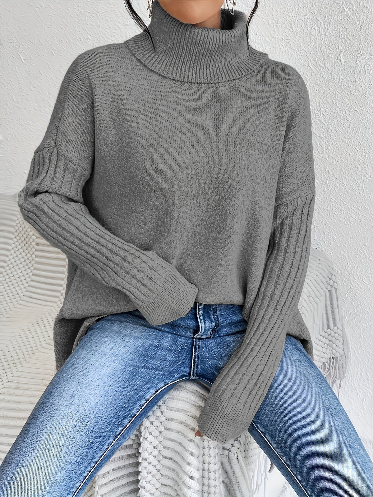 Turtleneck Sweater Grey Women's Oversized Knit High-Low Hem – Casual, Office, Holiday, Gift