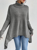 Turtleneck Sweater Grey Women's Oversized Knit High-Low Hem – Casual, Office, Holiday, Gift