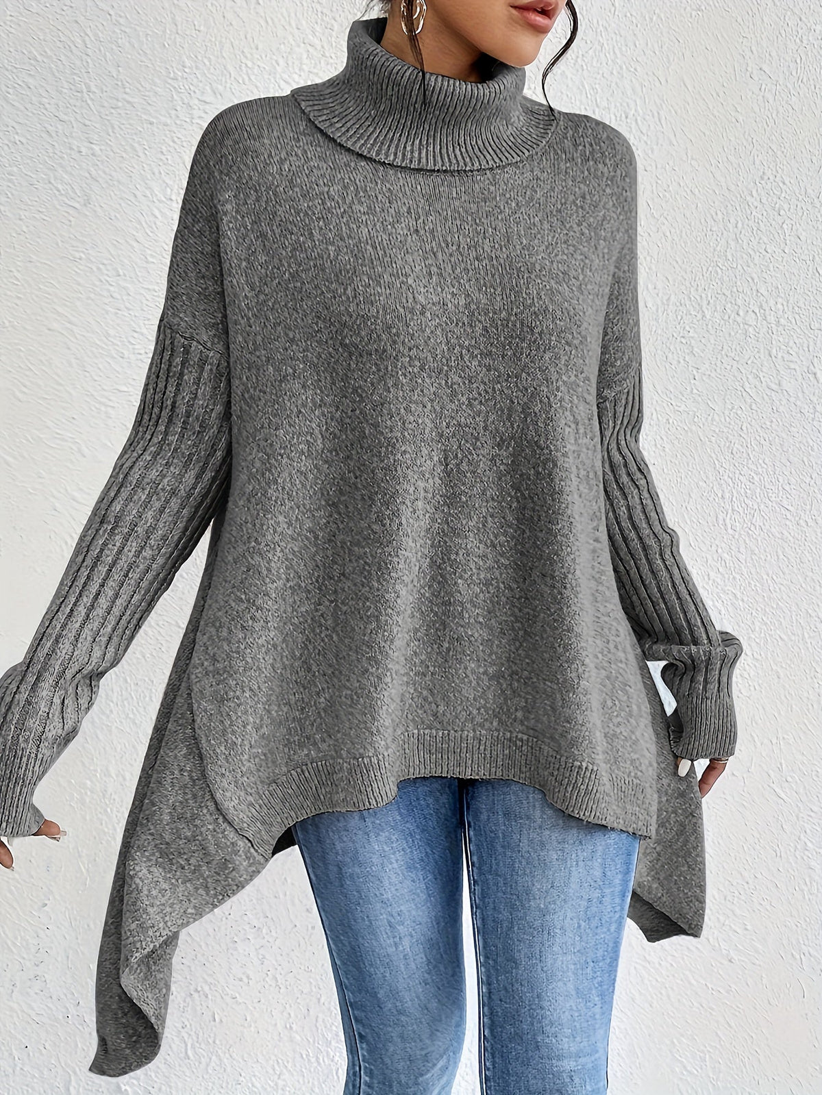Turtleneck Sweater Grey Women's Oversized Knit High-Low Hem – Casual, Office, Holiday, Gift