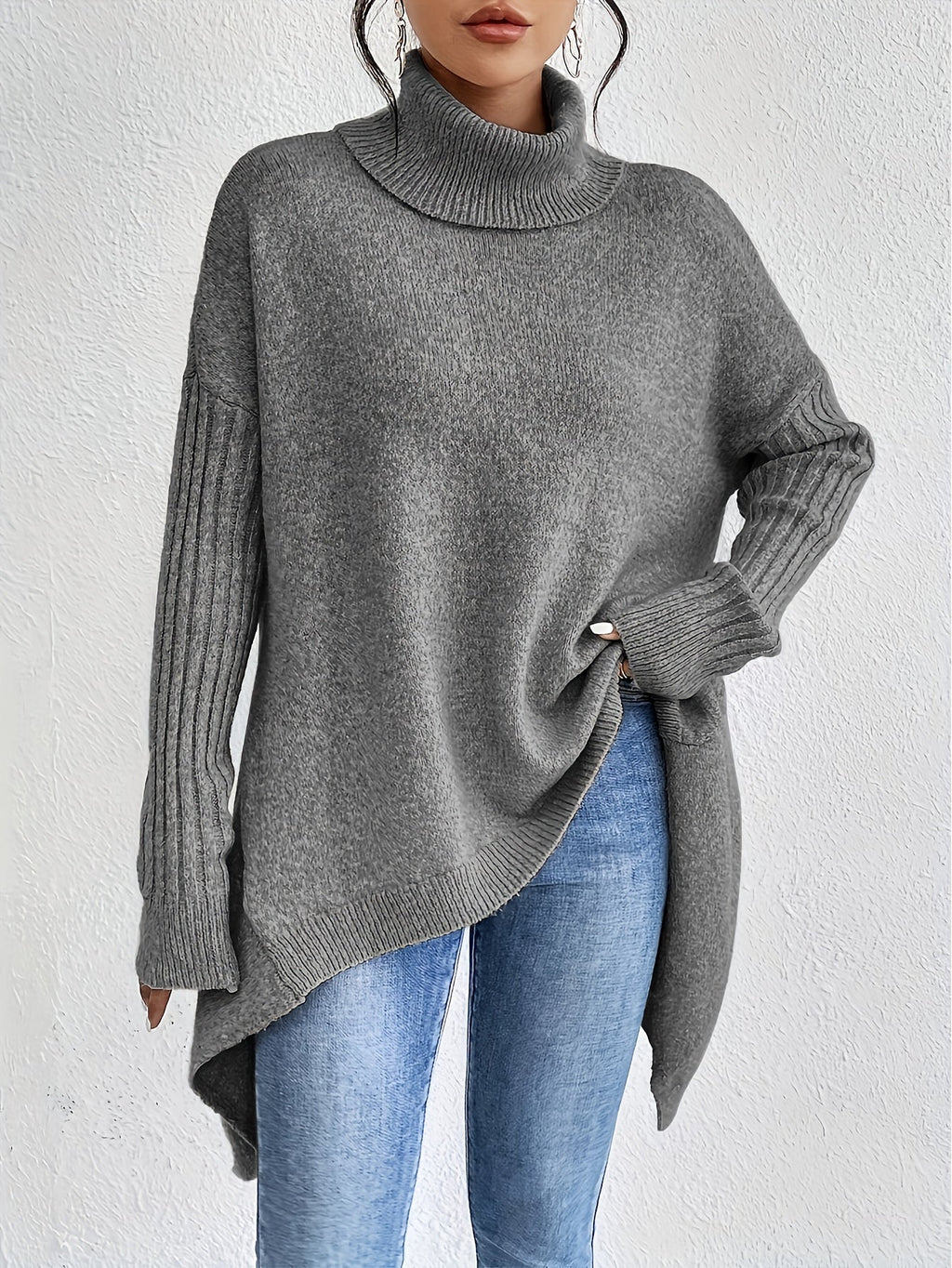 Turtleneck Sweater Grey Women's Oversized Knit High-Low Hem – Casual, Office, Holiday, Gift