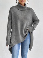 Turtleneck Sweater Grey Women's Oversized Knit High-Low Hem – Casual, Office, Holiday, Gift
