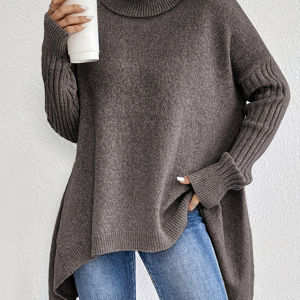 Turtleneck Sweater Grey Women's Oversized Knit High-Low Hem – Casual, Office, Holiday, Gift