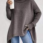 Turtleneck Sweater Grey Women's Oversized Knit High-Low Hem – Casual, Office, Holiday, Gift