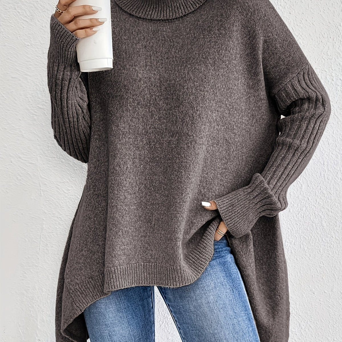 Turtleneck Sweater Grey Women's Oversized Knit High-Low Hem – Casual, Office, Holiday, Gift