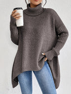 Turtleneck Sweater Grey Women's Oversized Knit High-Low Hem – Casual, Office, Holiday, Gift