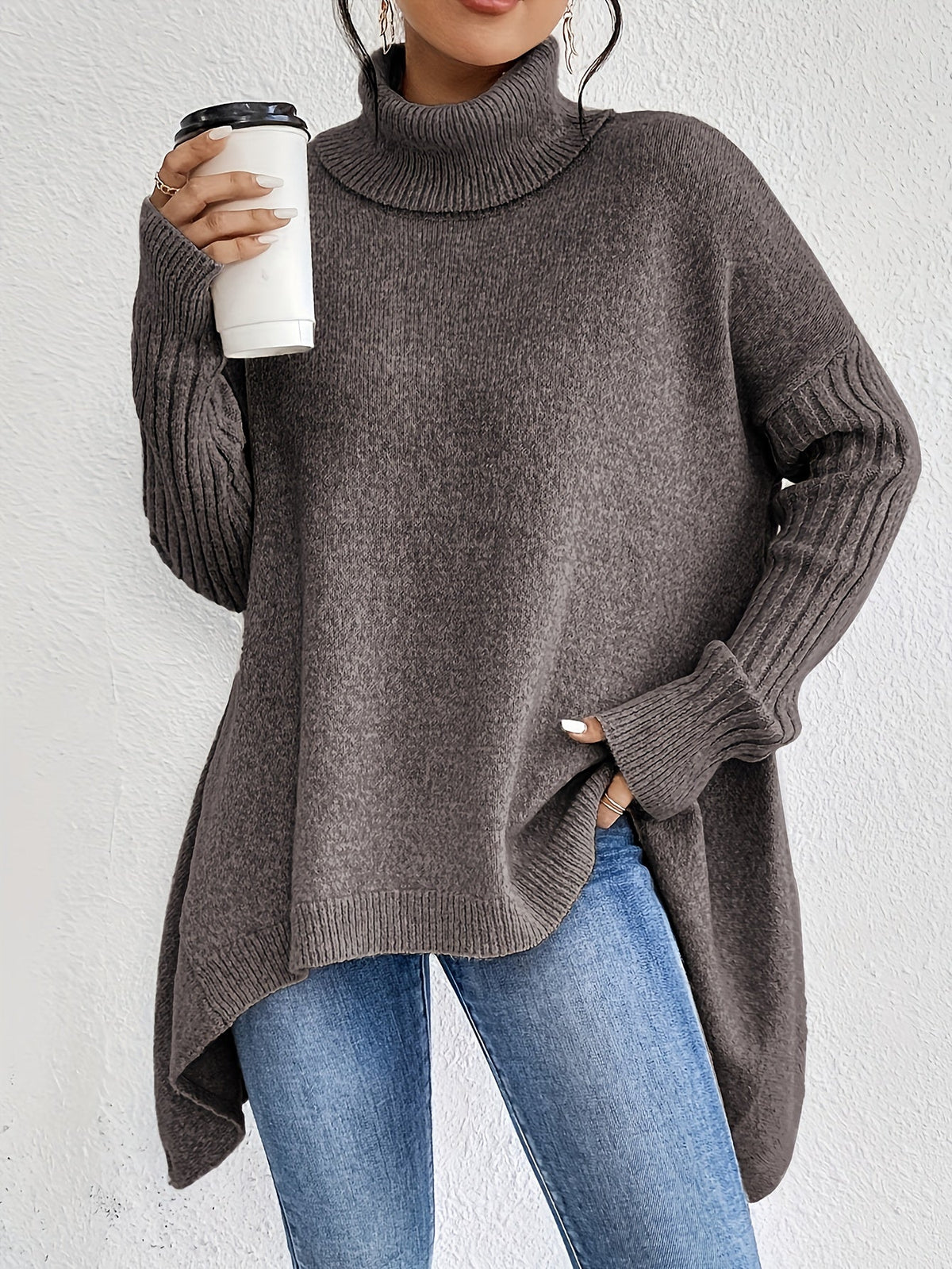 Turtleneck Sweater Grey Women's Oversized Knit High-Low Hem – Casual, Office, Holiday, Gift