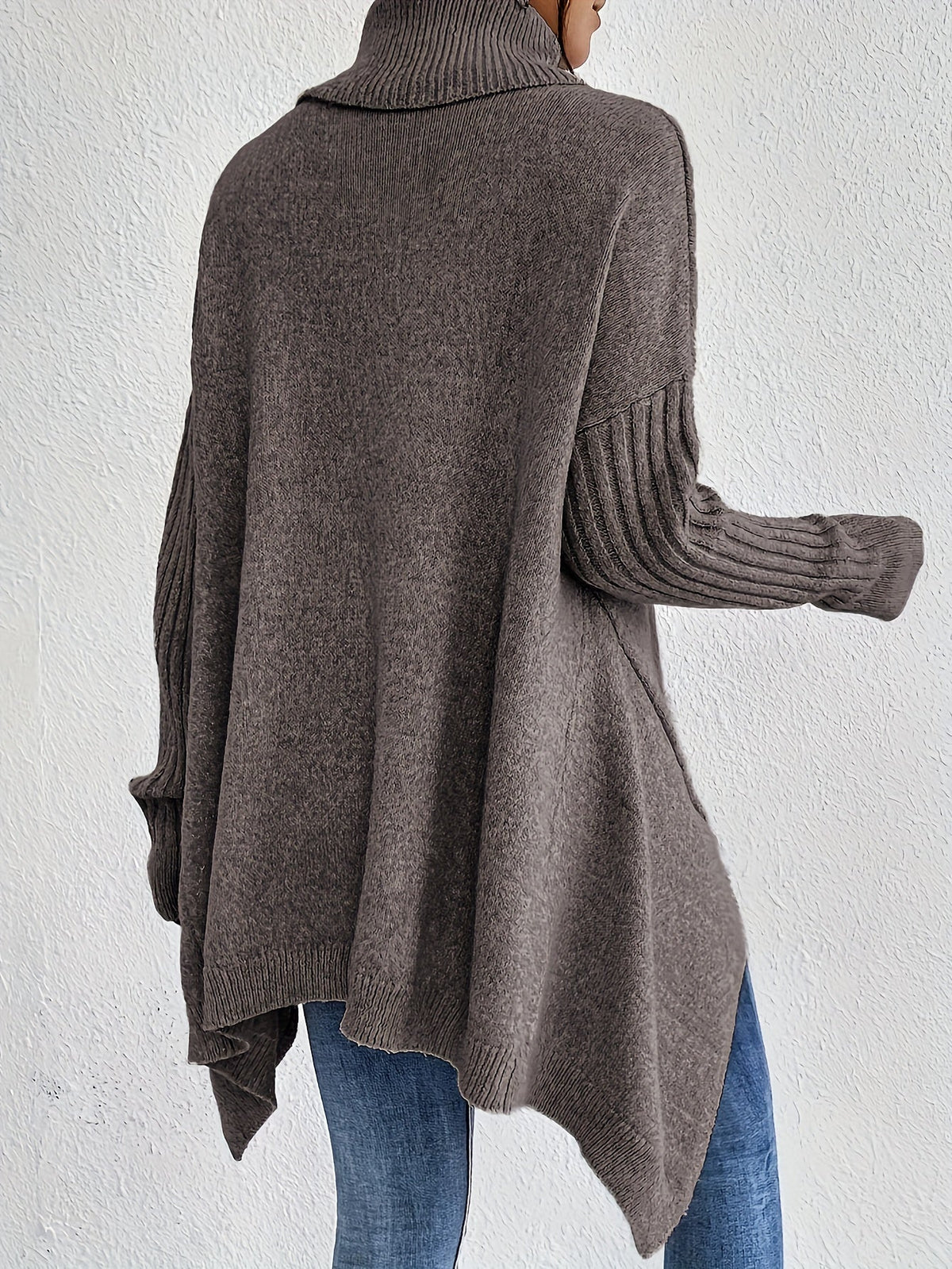 Turtleneck Sweater Grey Women's Oversized Knit High-Low Hem – Casual, Office, Holiday, Gift
