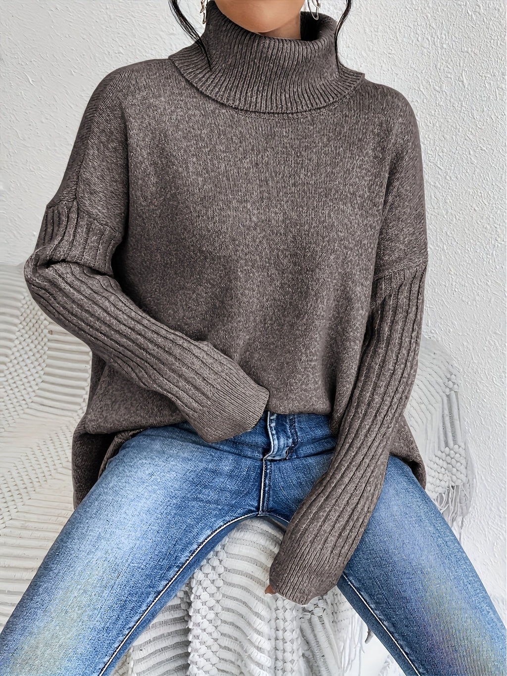 Turtleneck Sweater Grey Women's Oversized Knit High-Low Hem – Casual, Office, Holiday, Gift