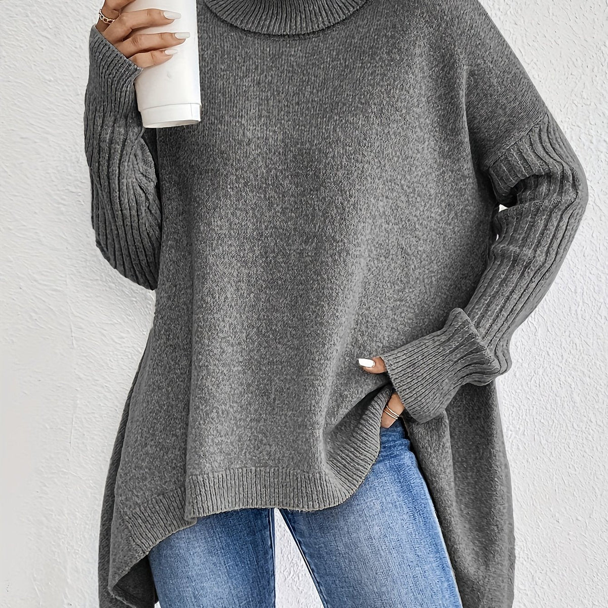 Turtleneck Sweater Grey Women's Oversized Knit High-Low Hem – Casual, Office, Holiday, Gift