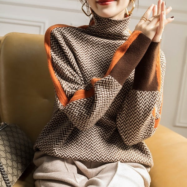 Turtleneck Sweater Herringbone Knit Women's Brown Orange – Casual, Office, Holiday, Gift