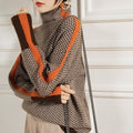 Turtleneck Sweater Herringbone Knit Women's Brown Orange – Casual, Office, Holiday, Gift
