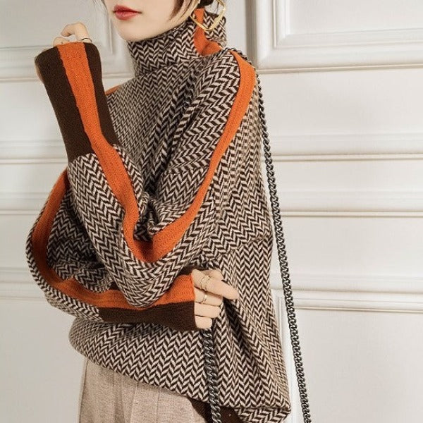 Turtleneck Sweater Herringbone Knit Women's Brown Orange – Casual, Office, Holiday, Gift