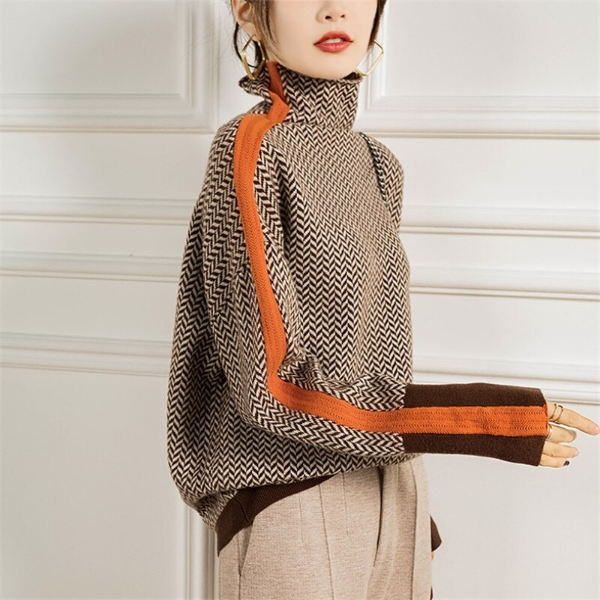 Turtleneck Sweater Herringbone Knit Women's Brown Orange – Casual, Office, Holiday, Gift