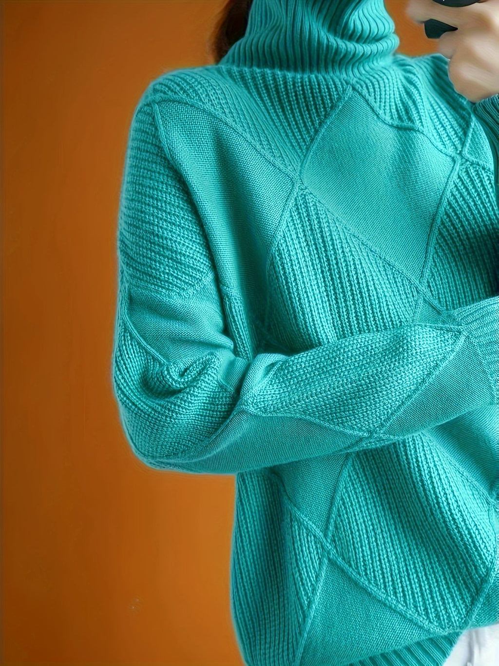 Turtleneck Sweater Knitted Argyle Texture Women's Green – Casual, Office, Holiday, Gift