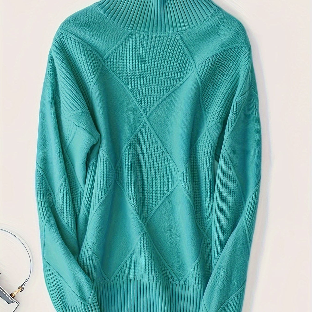 Turtleneck Sweater Knitted Argyle Texture Women's Green – Casual, Office, Holiday, Gift